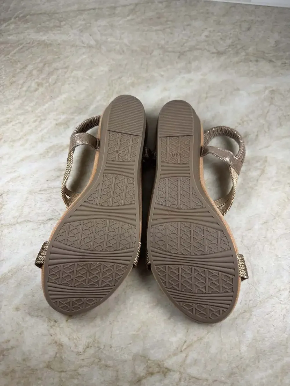 SHIBEVER Champagne Rhinestone Low Wedge Sandals Elastic Strap Women’s EU 40